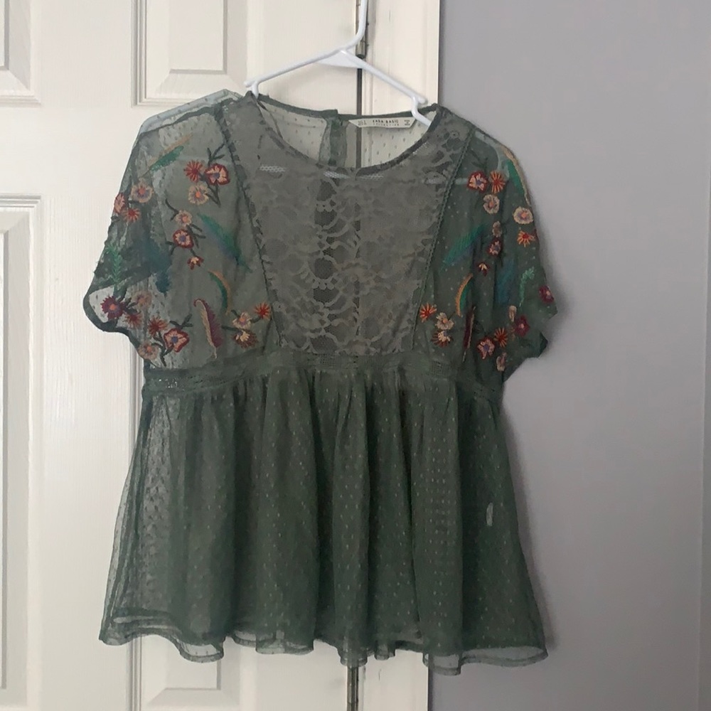 Zara sheer floral green top